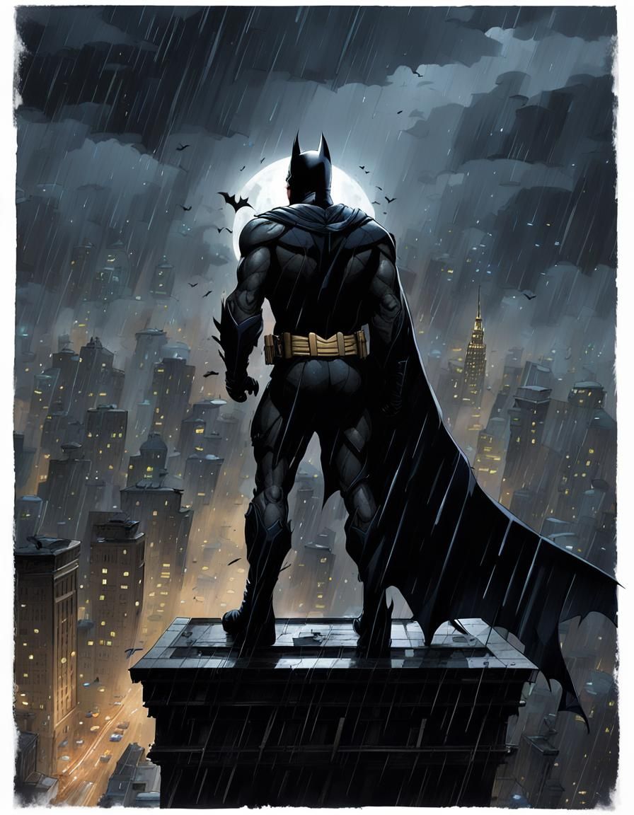 A striking cinematic art piece depicting Batman perched on a clocktower ...