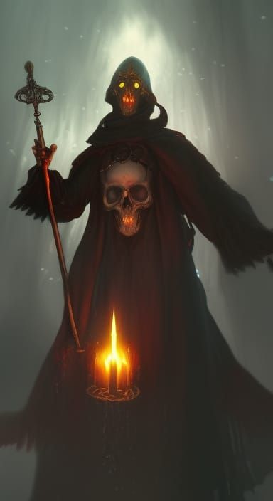 A warlock holding a skull staff and reciting a spell as magic dances ...