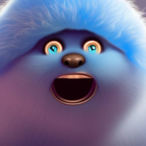 a very fluffy, furry round ball with blue fur, well defined ...