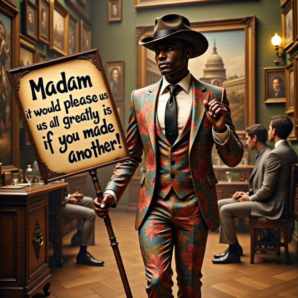 Captivating Curvy Gorgeous Polynesian Man in a 3 piece suit walking thru an Parisian art gallery holding a sign that has clearly written "Ma...