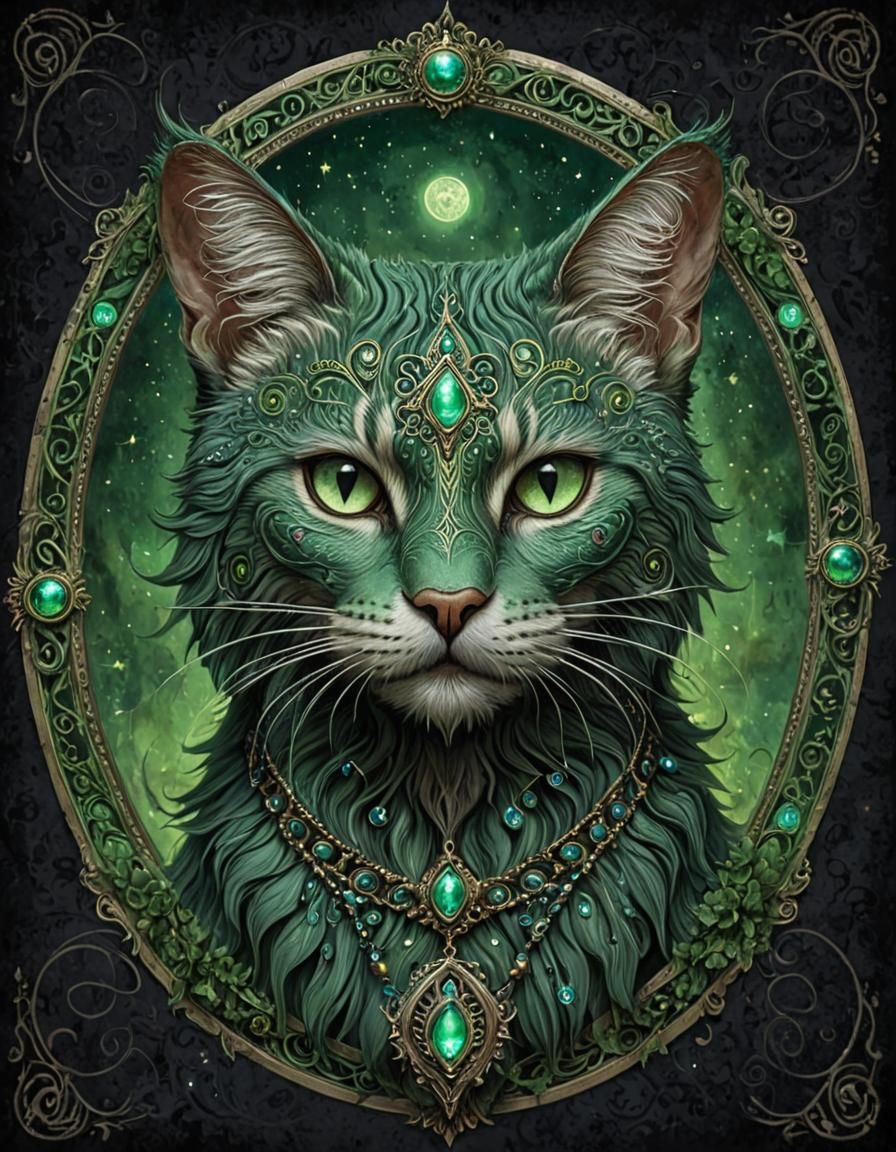 Ethereal Green Celestial Cat in Dark Fantasy Style