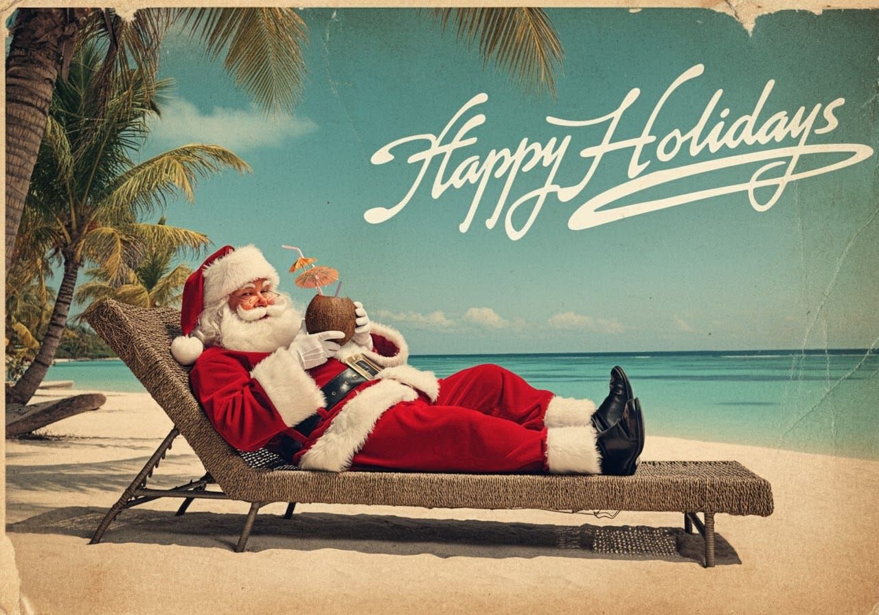 Vintage 1970’s postcard of Santa Claus at the beach  by @EmzMc