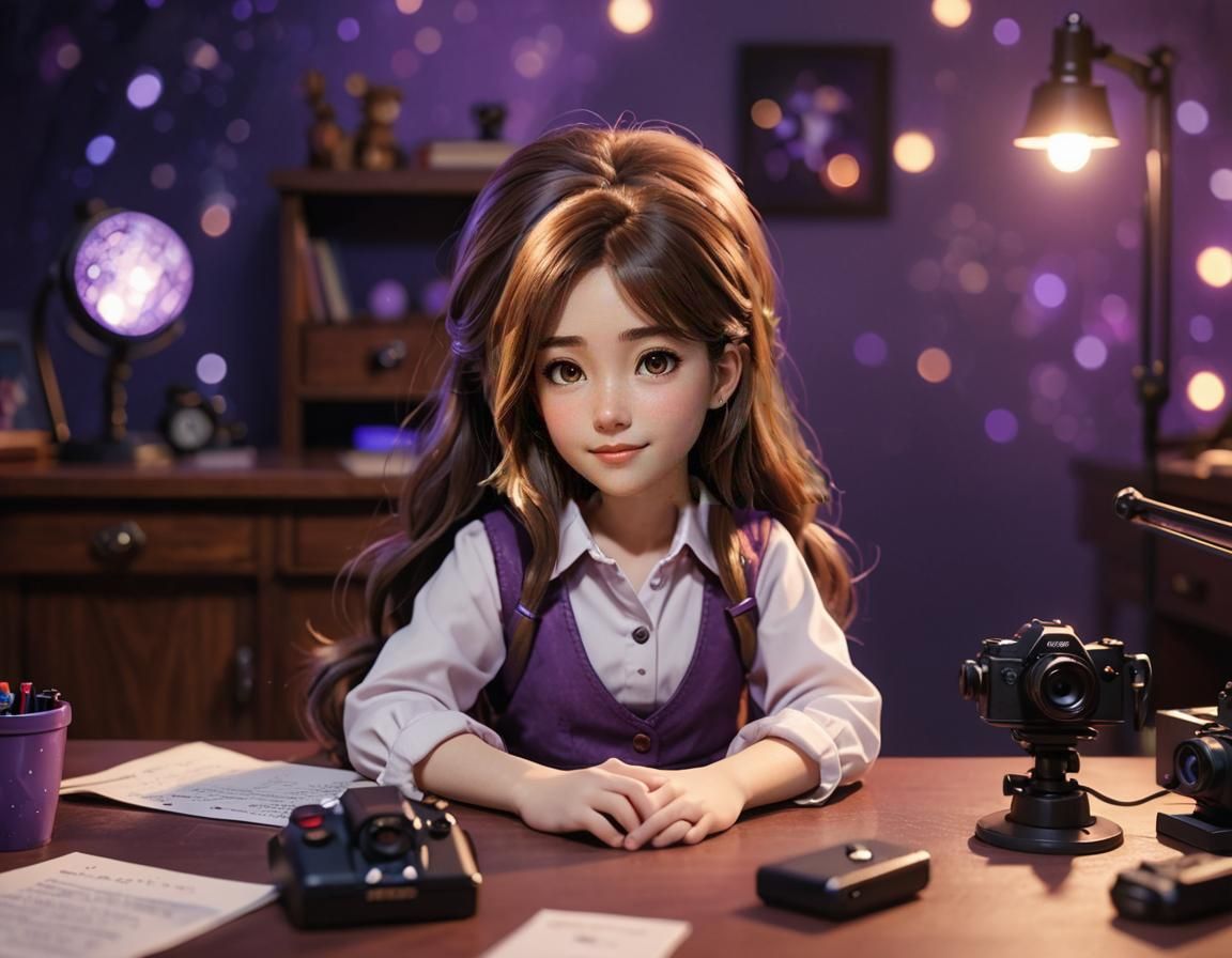 Chibified anime 3d cartoon , with background color light  purple , at a Office , the table is deep purple , chibi, pixar character, Head and...