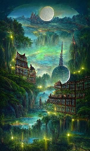 The forest city in the summer night under the moonlight with...