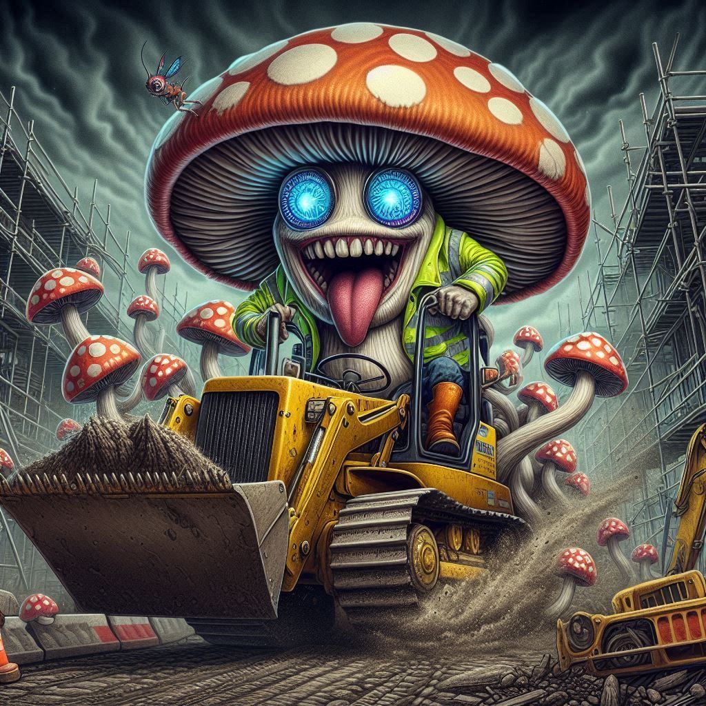 Crazy mushroom construction worker