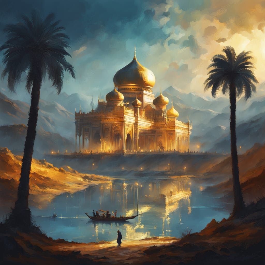 An enchanting Arabian night fantasy scene under a huge glowing full moon and a sky full of twinkling stars. A magnificent golden palace with...