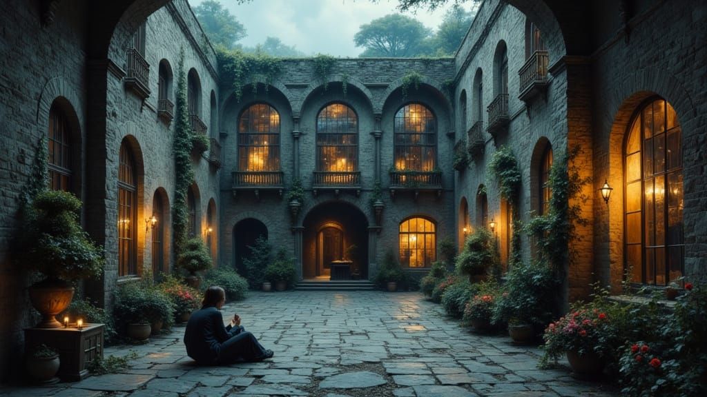 Brutalist Courtyard Scene with Yakuza, as Impasto Painting