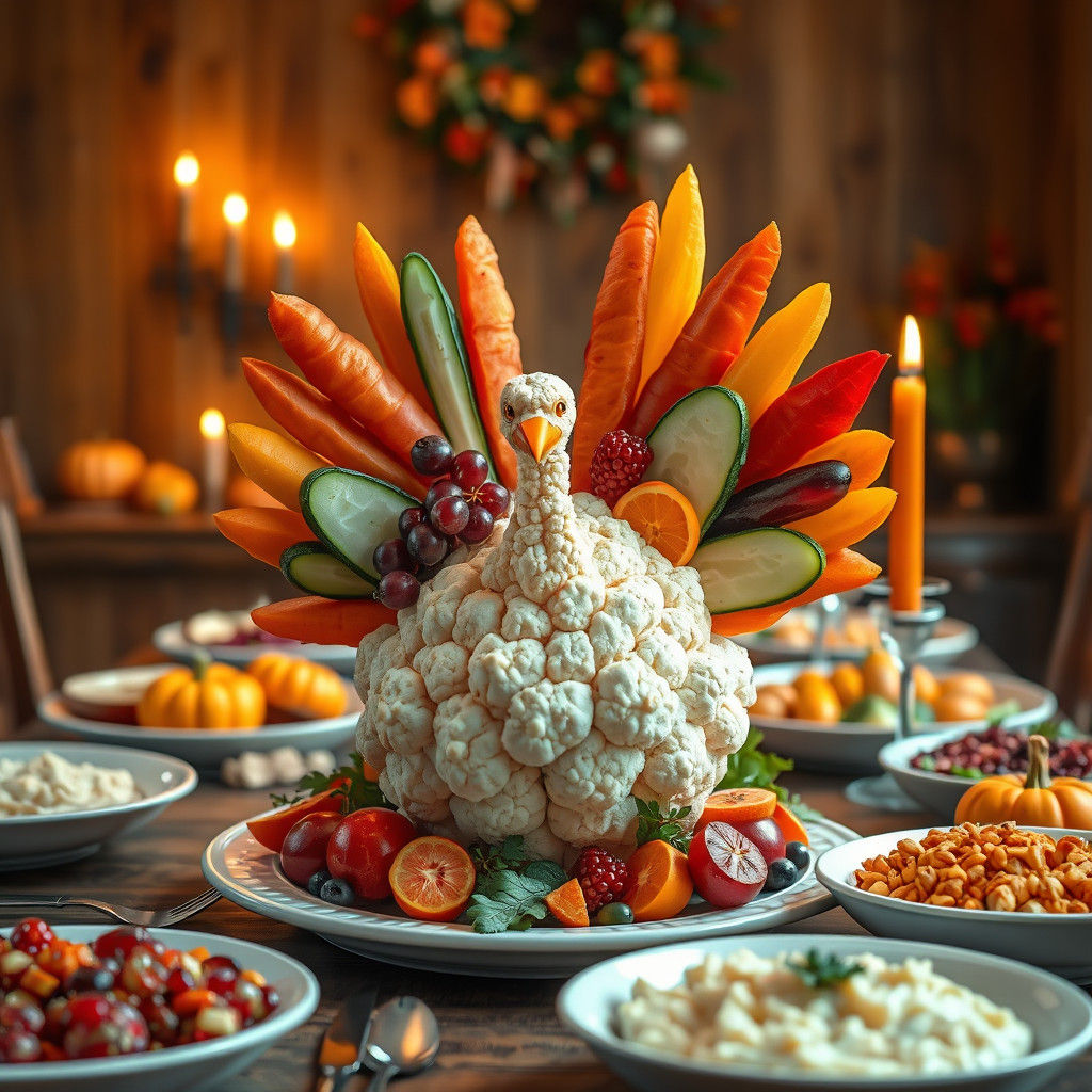 A photorealistic image of a Thanksgiving dinner centerpiece featuring a vegetarian 'turkey' made entirely ...  by @undefined