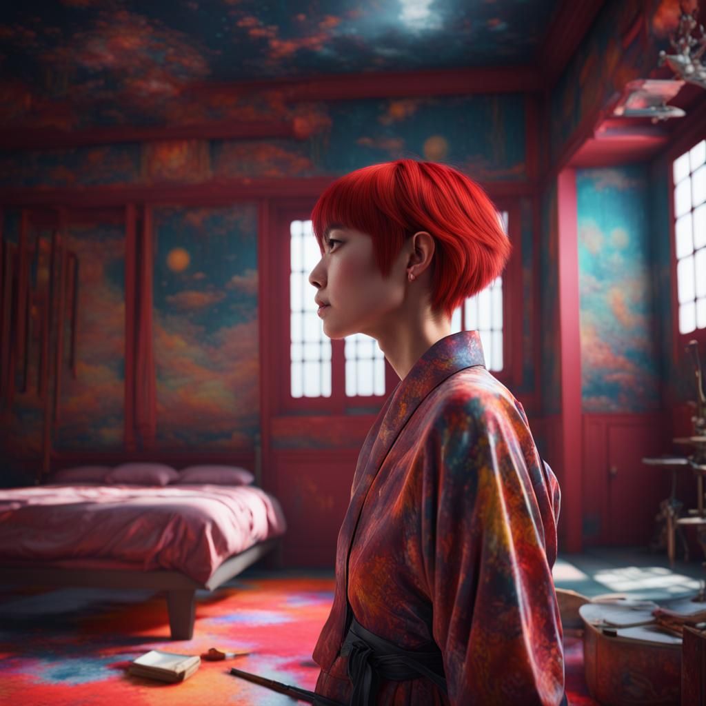 wide shot, a young Japanese woman with short red hair repain...