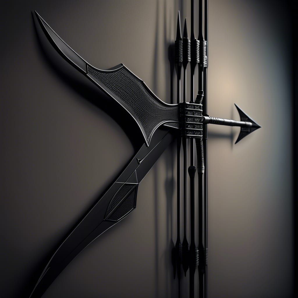 sleek black steel bow and arrows, hanging on a wall, alone