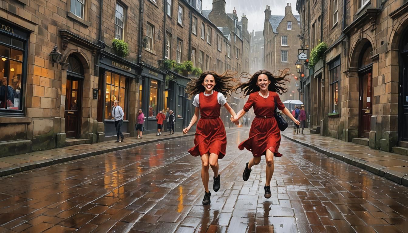 The schoolgirl in the red dress ran laughing down the High Street in Edinburgh In the pouring rain, saturated colours, fine detail In the st...