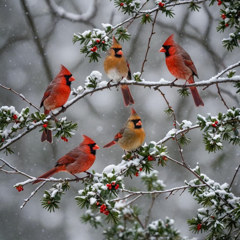 2 cardinals sitting on a snowing holly tree branch