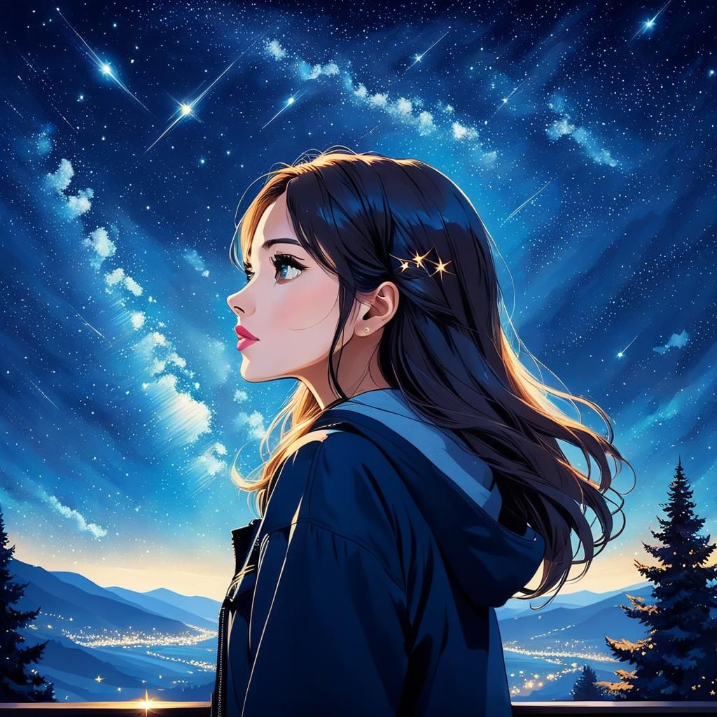 Teen Girl Watching Twinkling Stars at Night