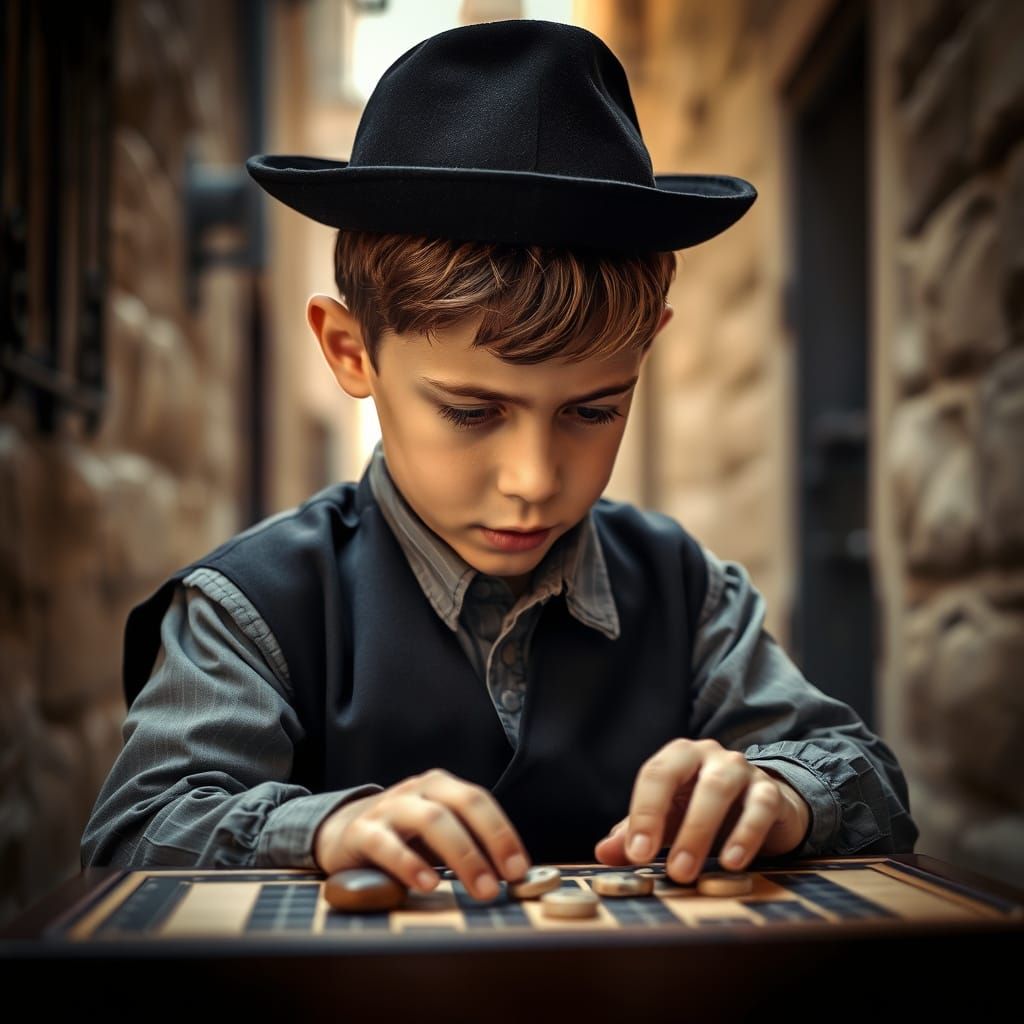 Serene Orthodox Boy Focuses on Mosaic Game