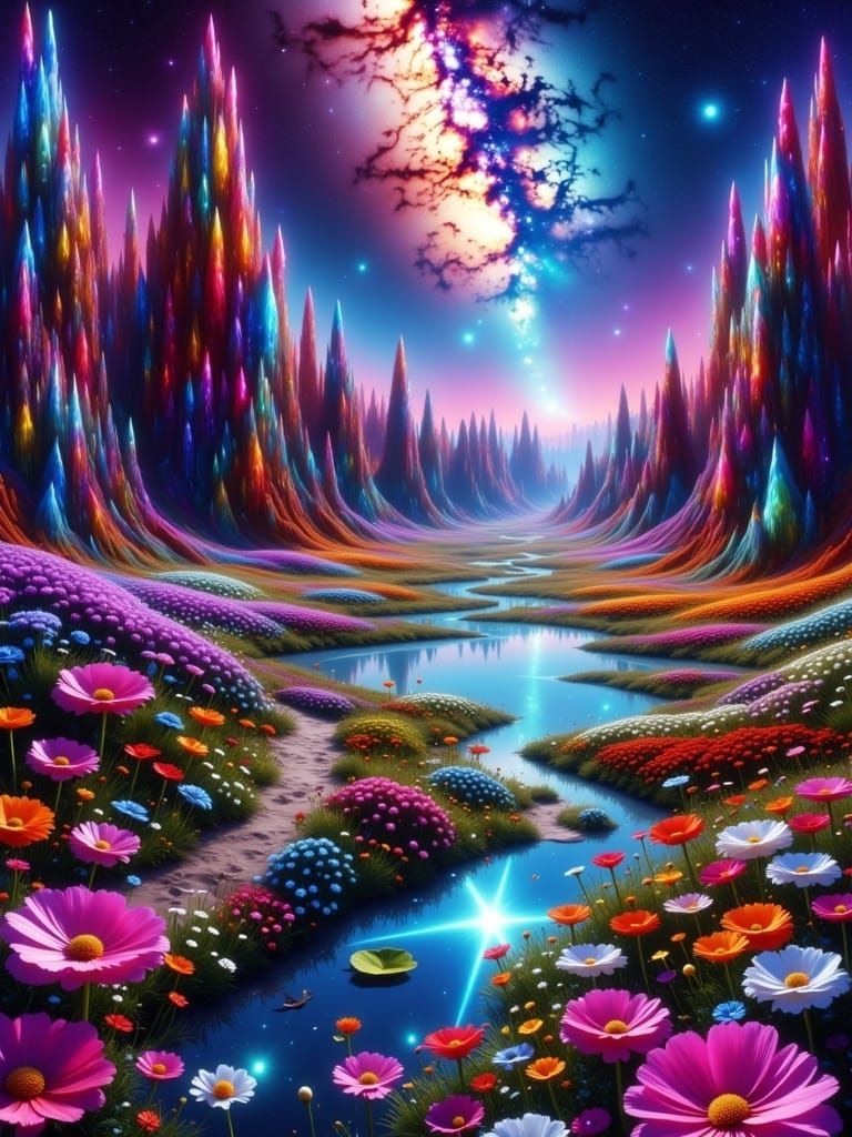 <lora:Alien Flower Fields2:1.0> Fey, crystalline spires of the fairy cathedral shimmer with an iridescent glow, as stained glass filigree de...