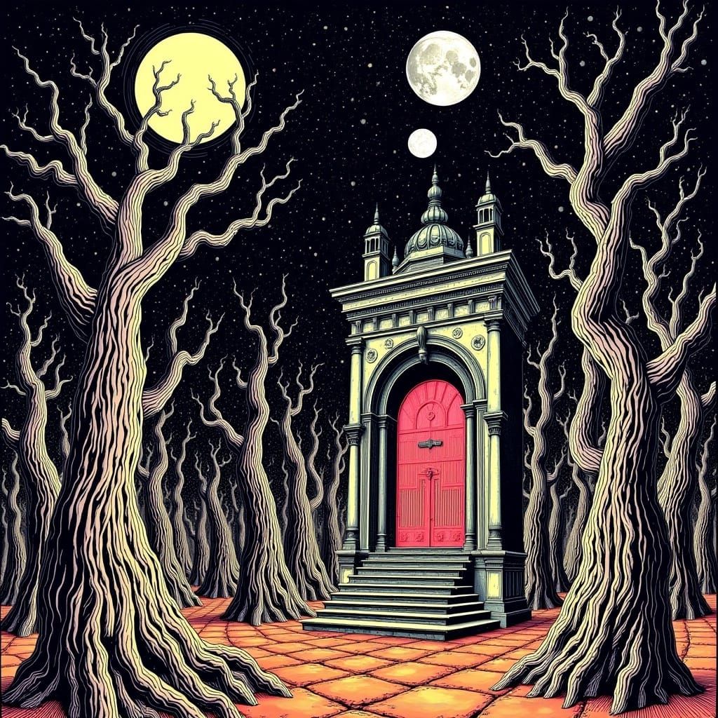 Add Bright huge text "Poe Escher" appearing in the background of a <lora:Poe Escher:1.0> Vibrant colors and Ink, Graveyard Artscape inspired...