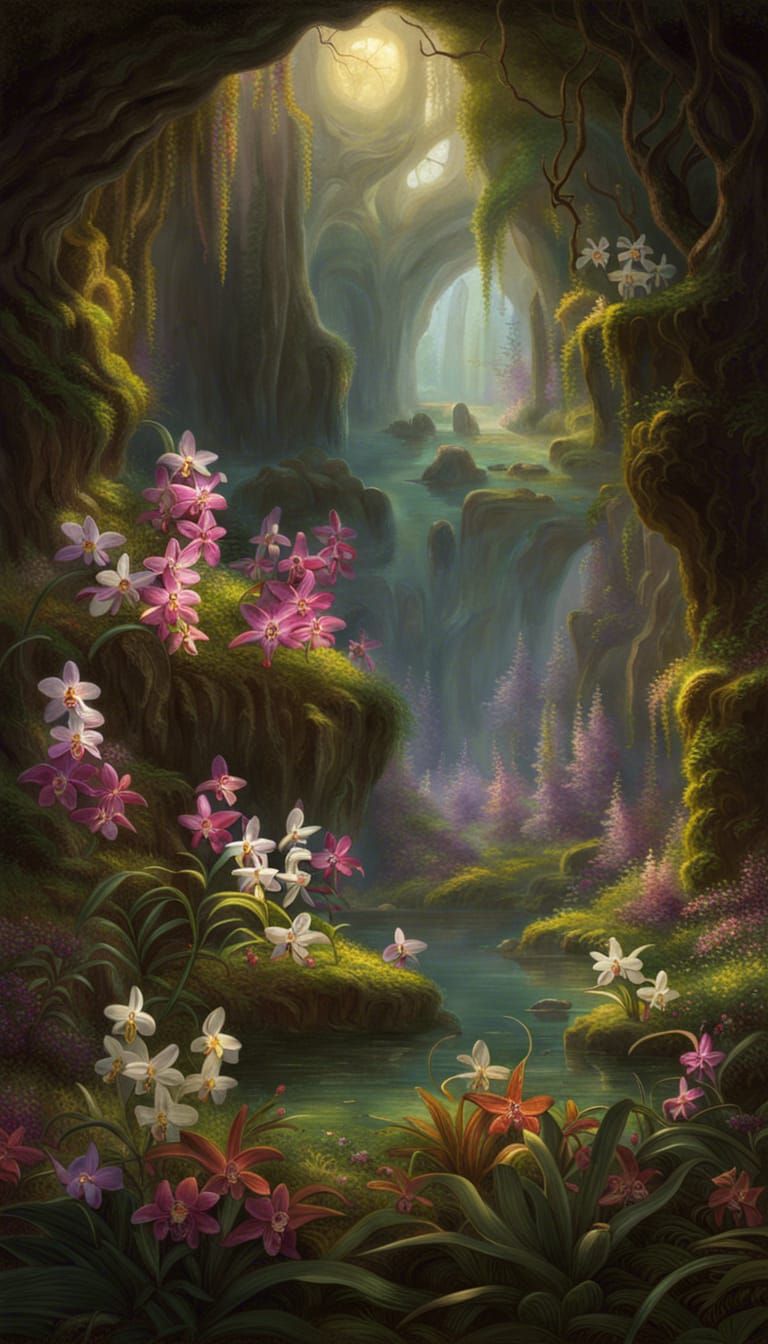 Orchids in Fantasy Grotto, Bierstadt Style