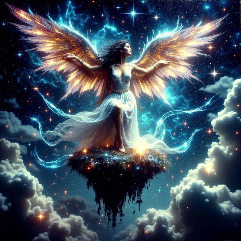 Imagine a celestial siren with scales of pure starlight and wings that shimmer with iridescent colors, perched atop a floating island amidst...