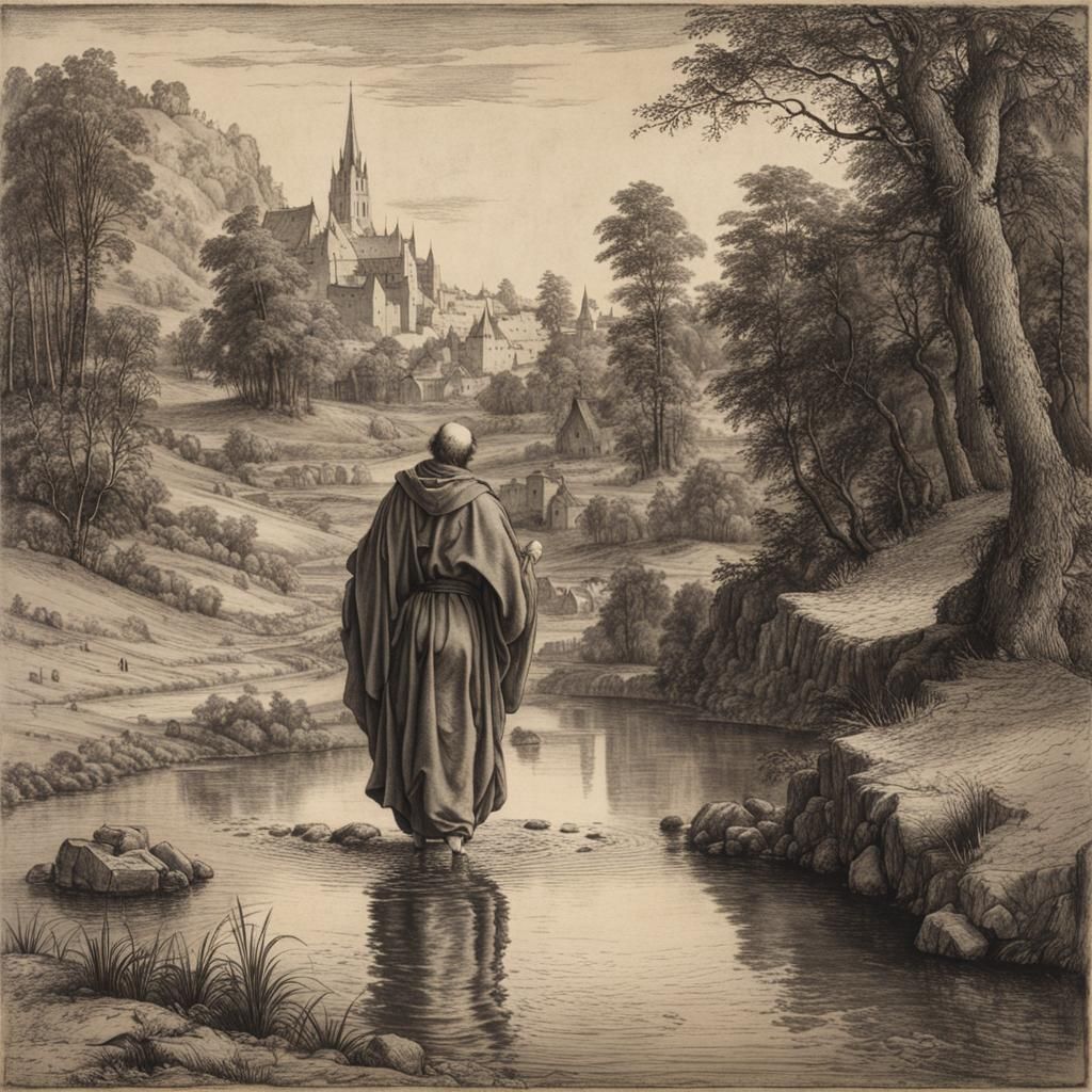 a monk wading through a creekng