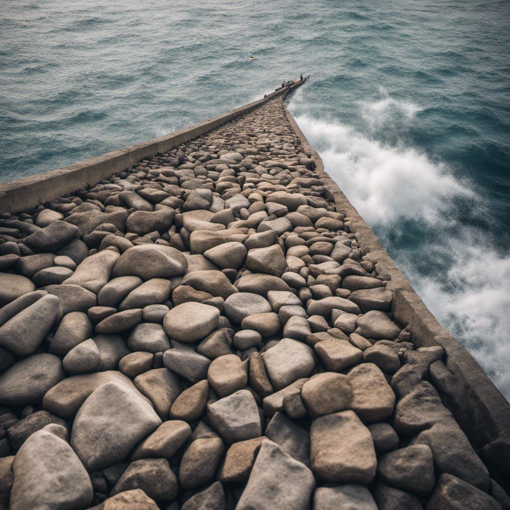a stone ancient dam across the entire width of the sea strai...