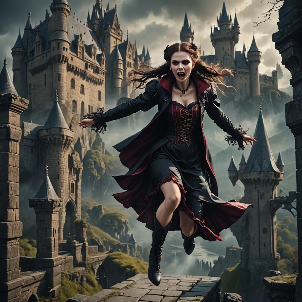 Sensual Vampire Princess Leaping at Fairytale Castle