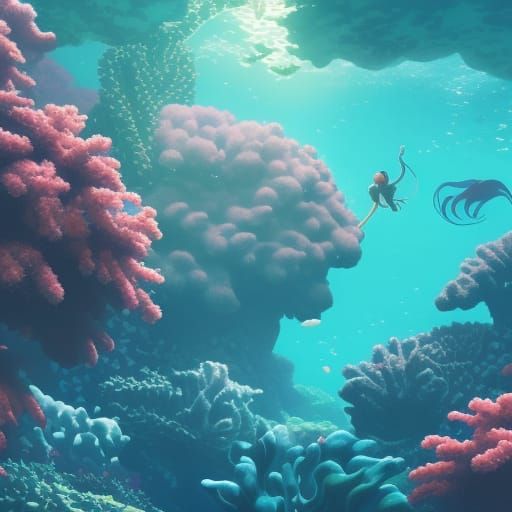 Underwater Mermaid Sports in Ghibli Anime Style