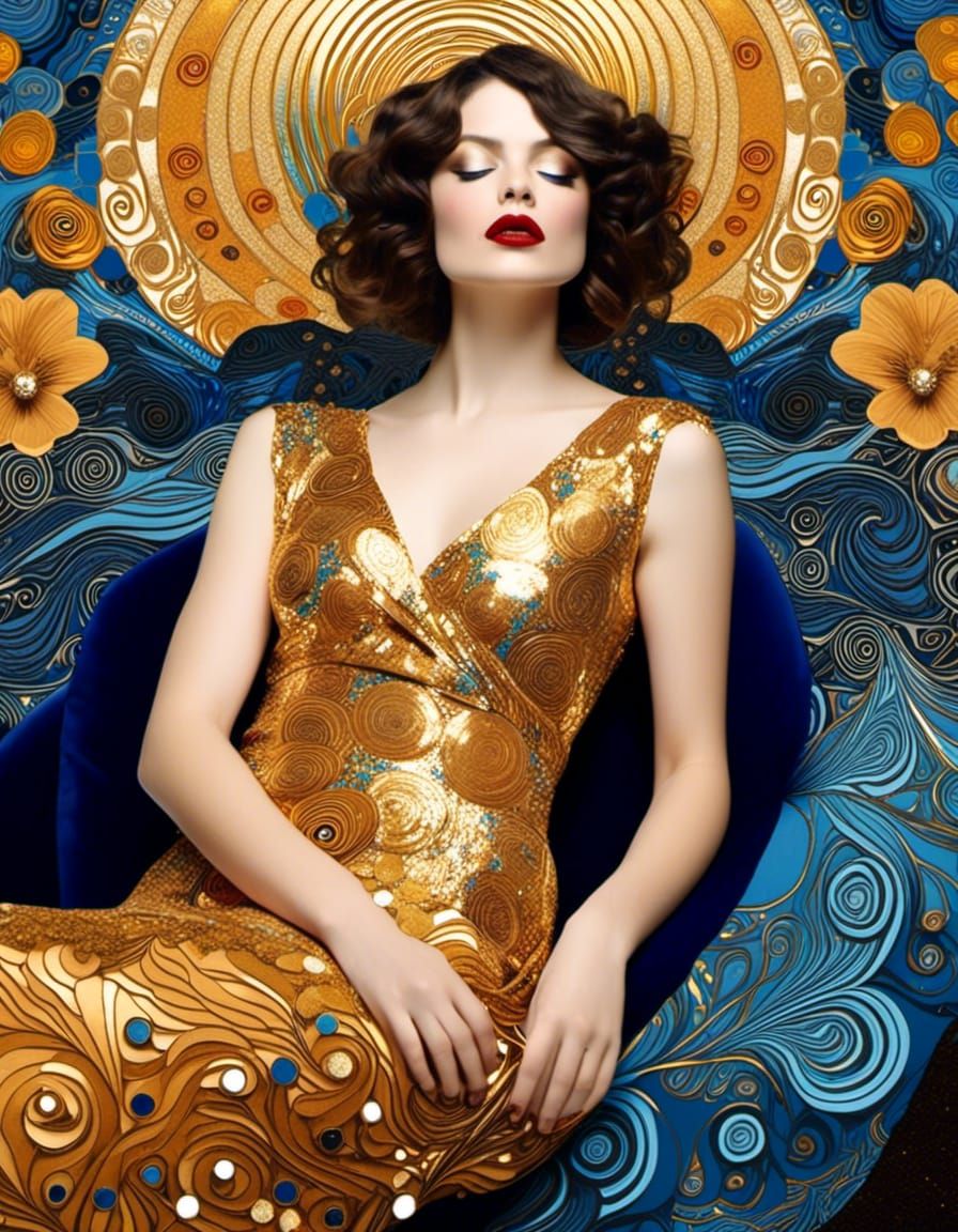 Emilie Floge cool blues and warm Golden colors, woman sitting on a sofa, Gustav Klimt ecstasy ecstatic sparkling glittering glittering gold...