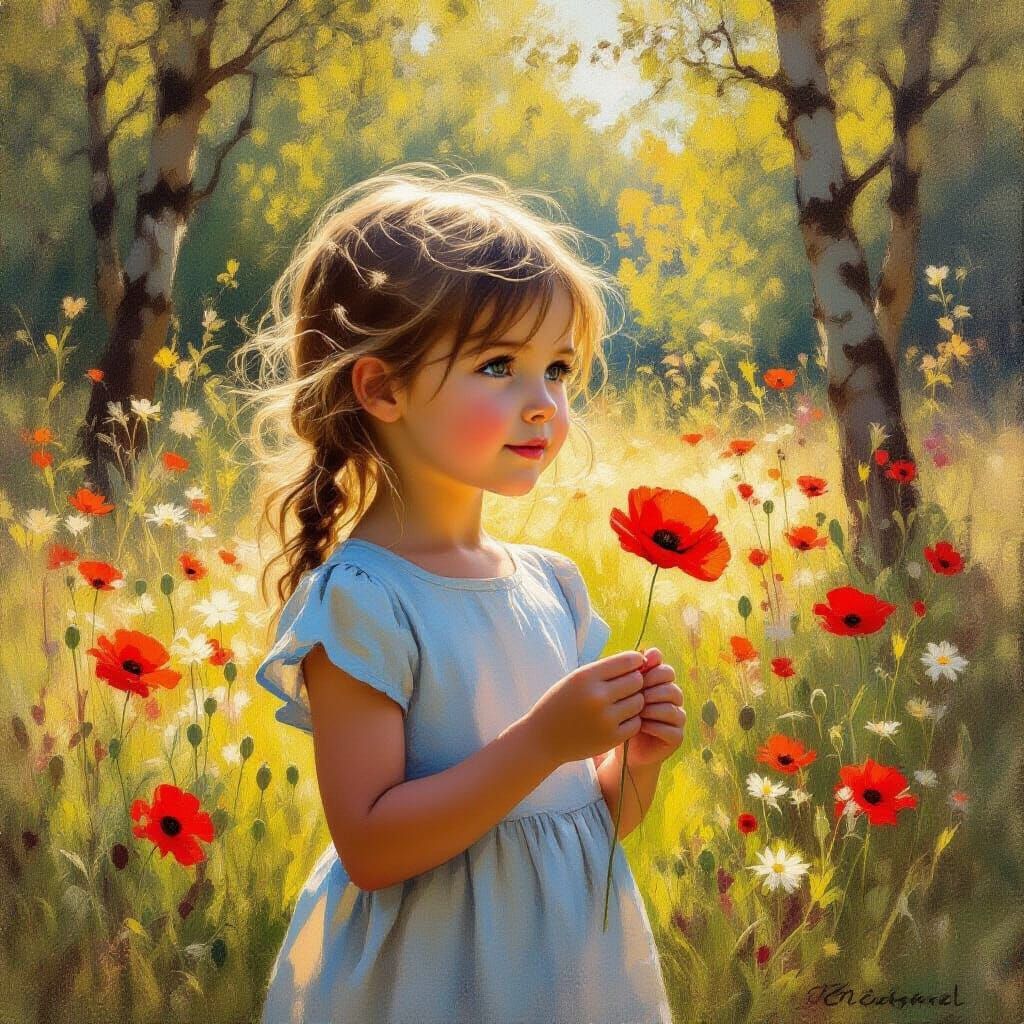 Girl in Forest Holding Poppy, Impressionist Oil Painting