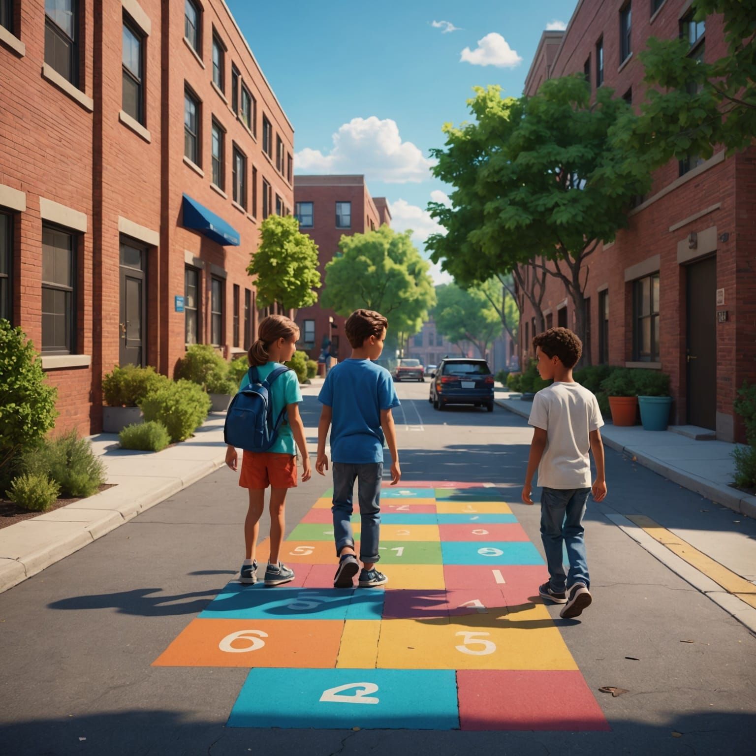kids playing hopscotch in a parking lot in the shade of apar...