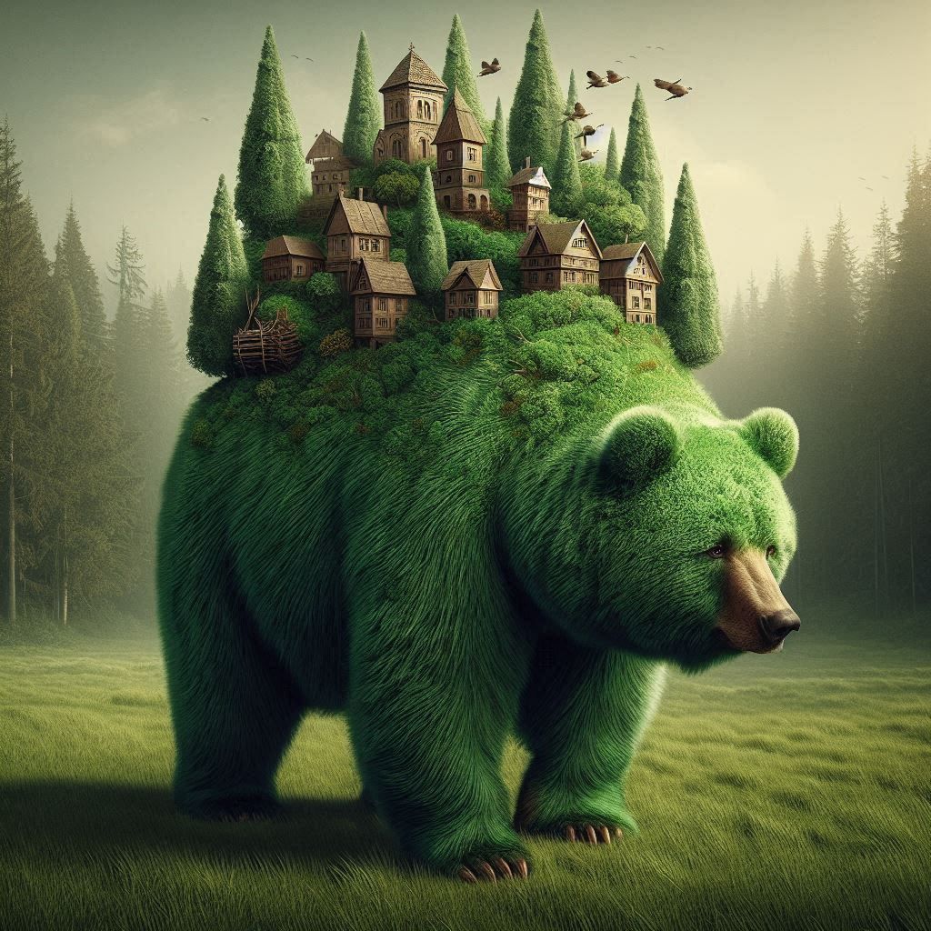 Surreal Grass bear carrying cabin forest village atop back