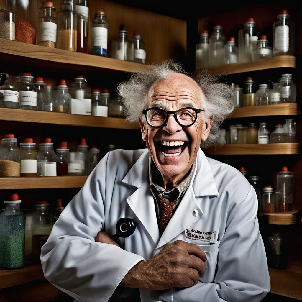 laughing old mad scientist, scars fierce, detail, curiosity ...