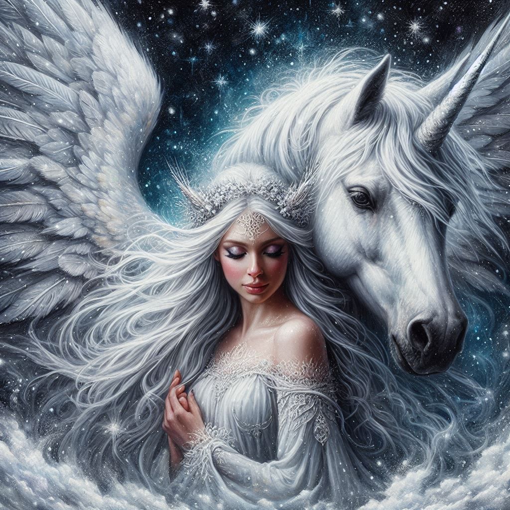Snow fairy and her enchanted unicorn