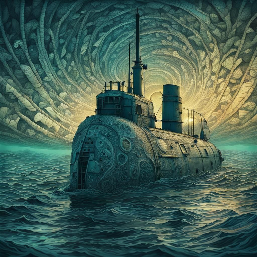 submarine, eldritch, fragmented, fantasy art, zentangle, bea...
