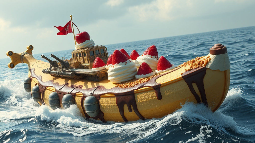 a battleship that looks like ((a giant banana split)) cruising through the ocean, realistic photography, scoops of ice cream and a cherry on...