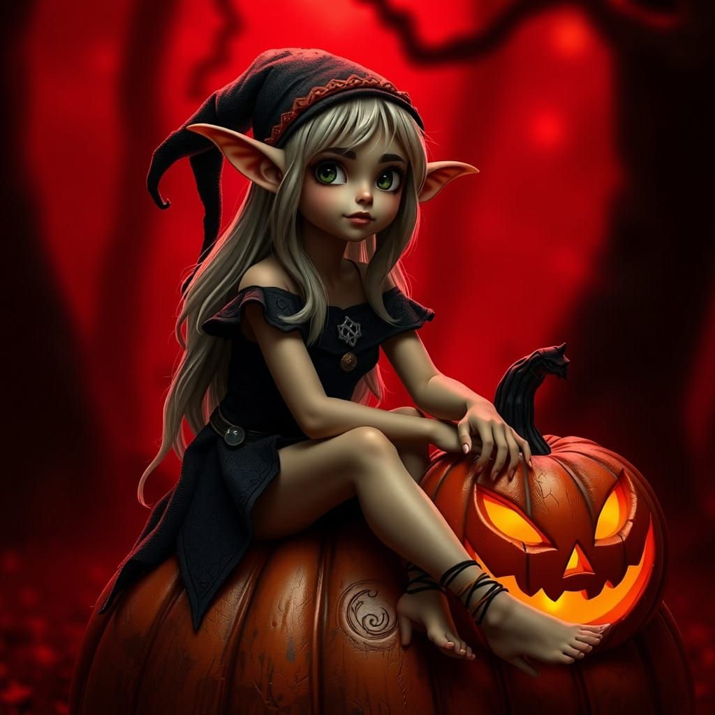  elf, sitting on a jack 'o lantern, 