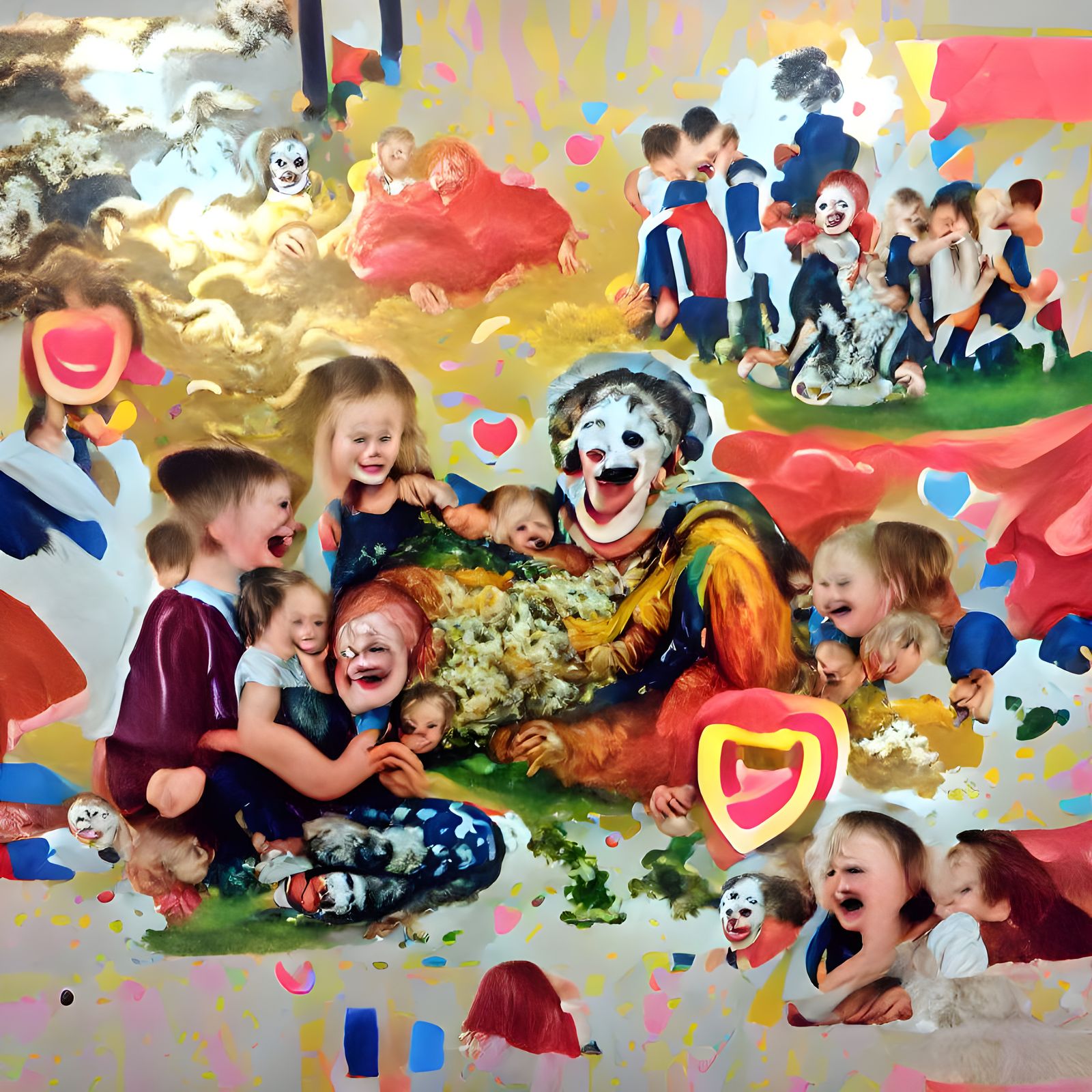 A maximalist painting of a clown corpse being eaten by happy...