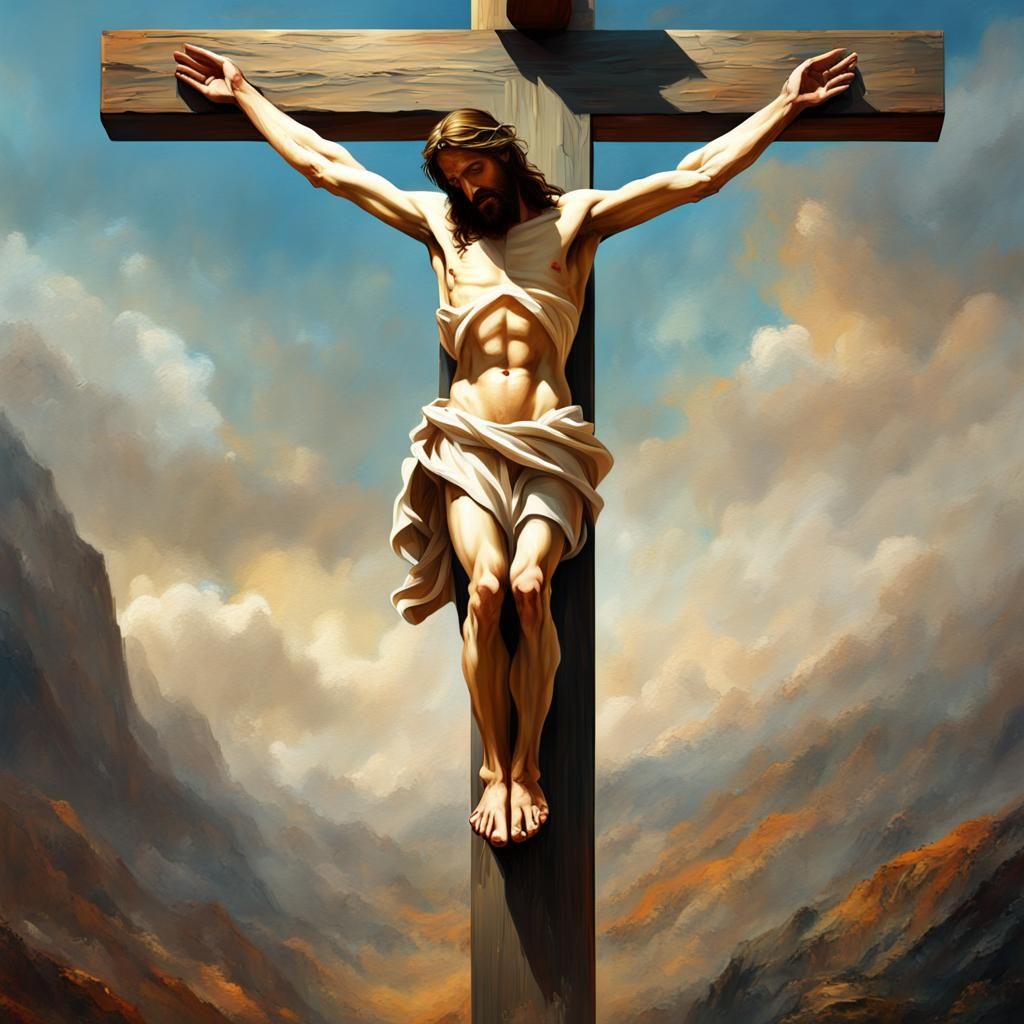 Oil painting of jesus on the cross worn canvas old painting de
