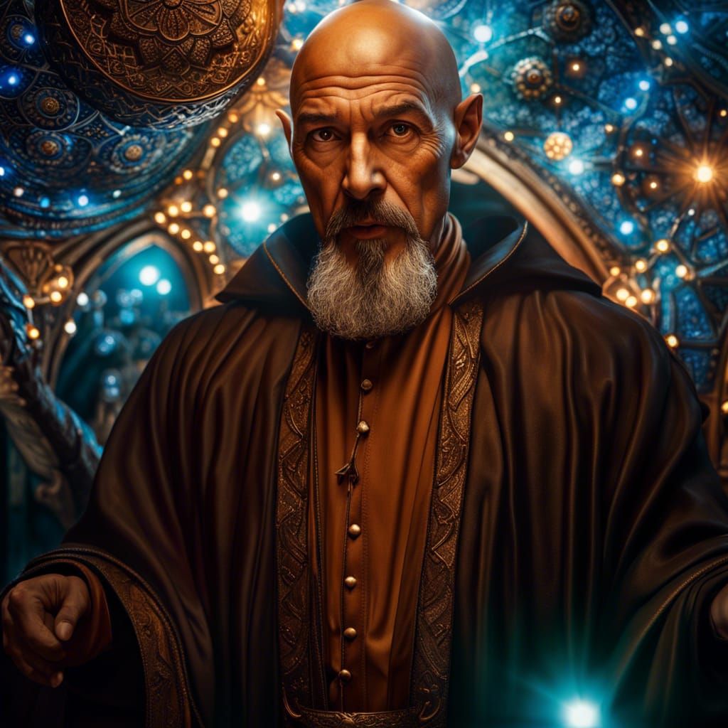 Thin bald wizard with short brown goatee in his magical lair.   by @Alex Sumner