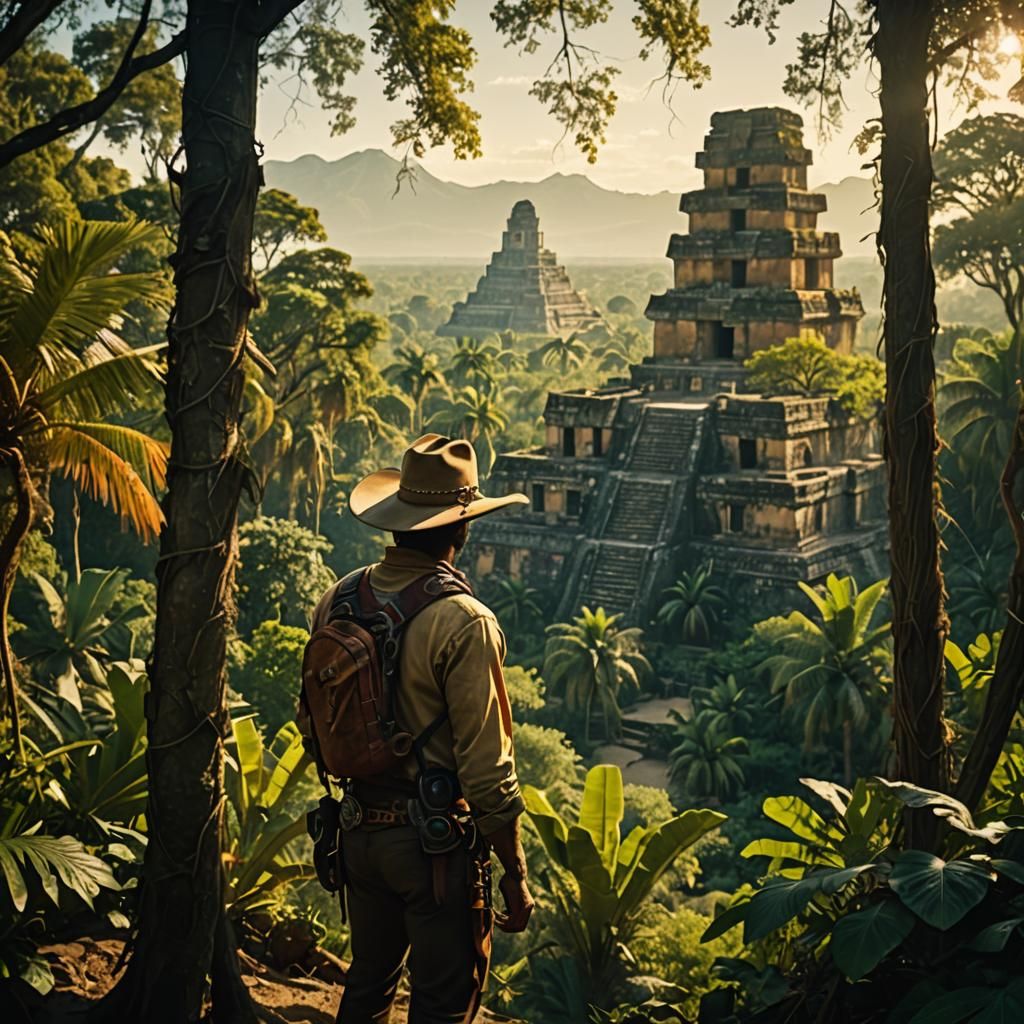 still frame from 1950 adventure film. Technicolor. (A cowboy explorer standing in the jungle looking at the ancient mayan city of el dorado...