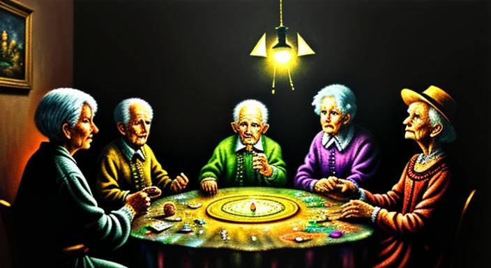 five older people in a dimly lit old fashioned room sitting ...