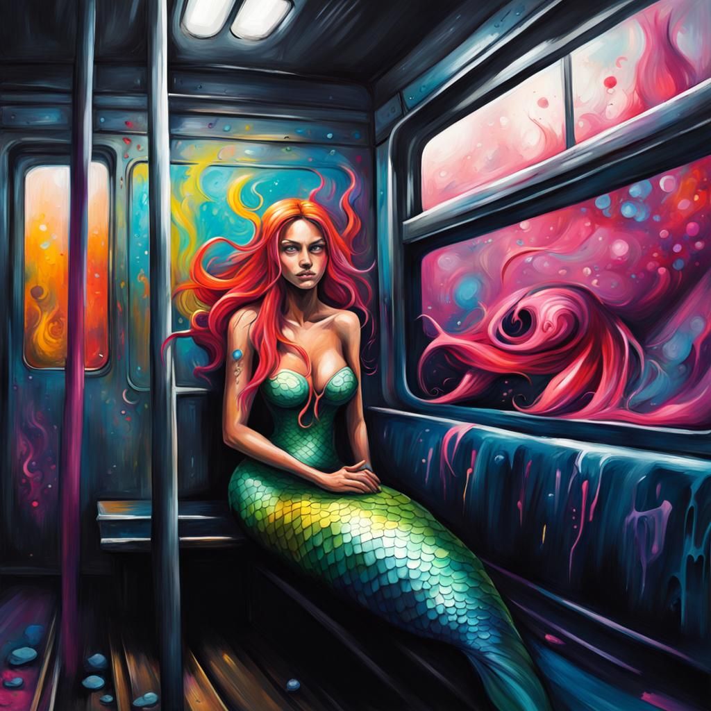 mermaid sitting on a train in the dark