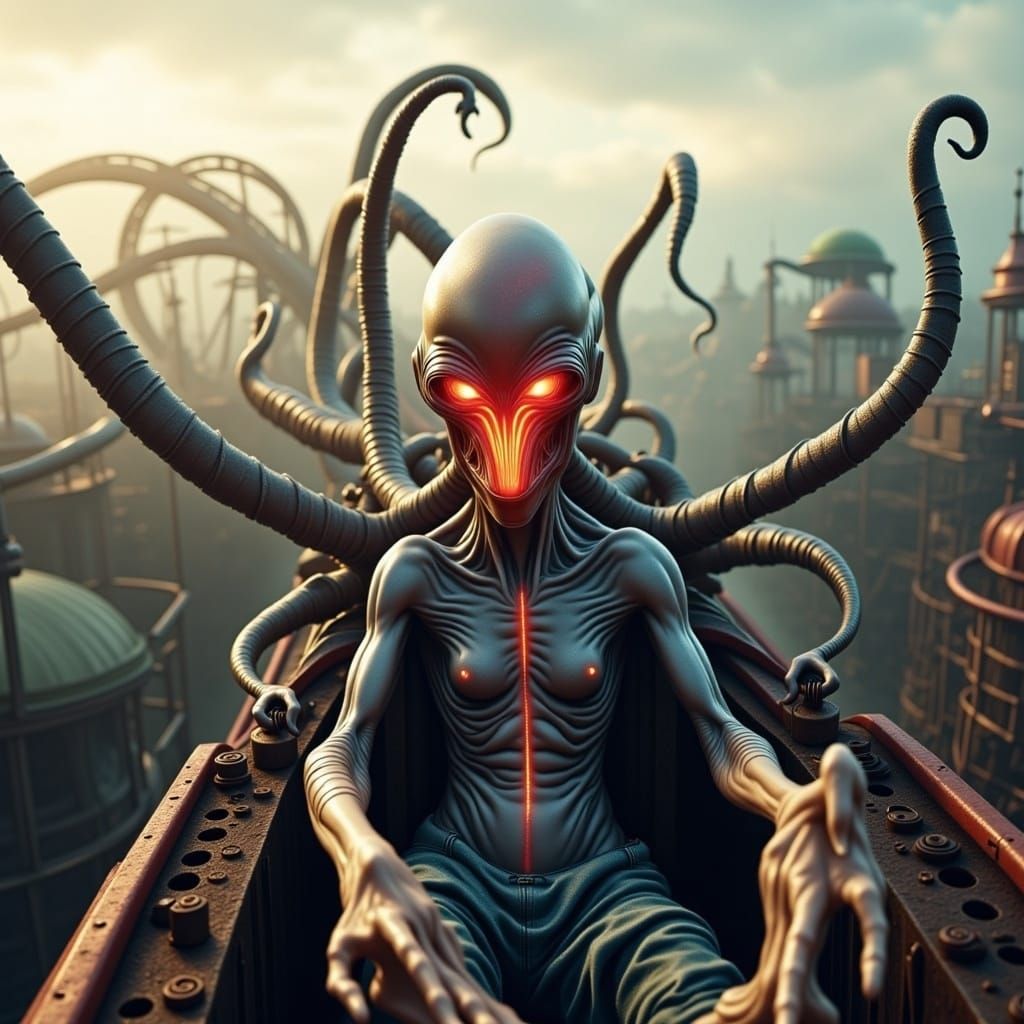 A perfect candid photograph of a transparent glowing xenomorph alien ghost riding a roller coaster in an abandoned theme park. HD DSLR sharp...