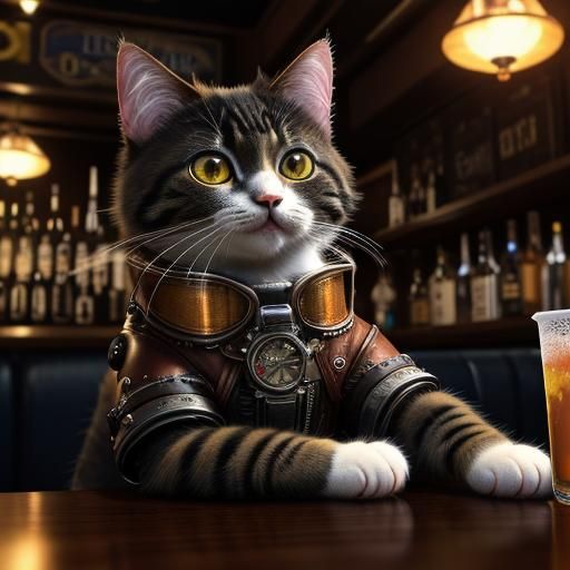 A hyperdetailed  drunk human cat 🐈 at a bar  having some dr...