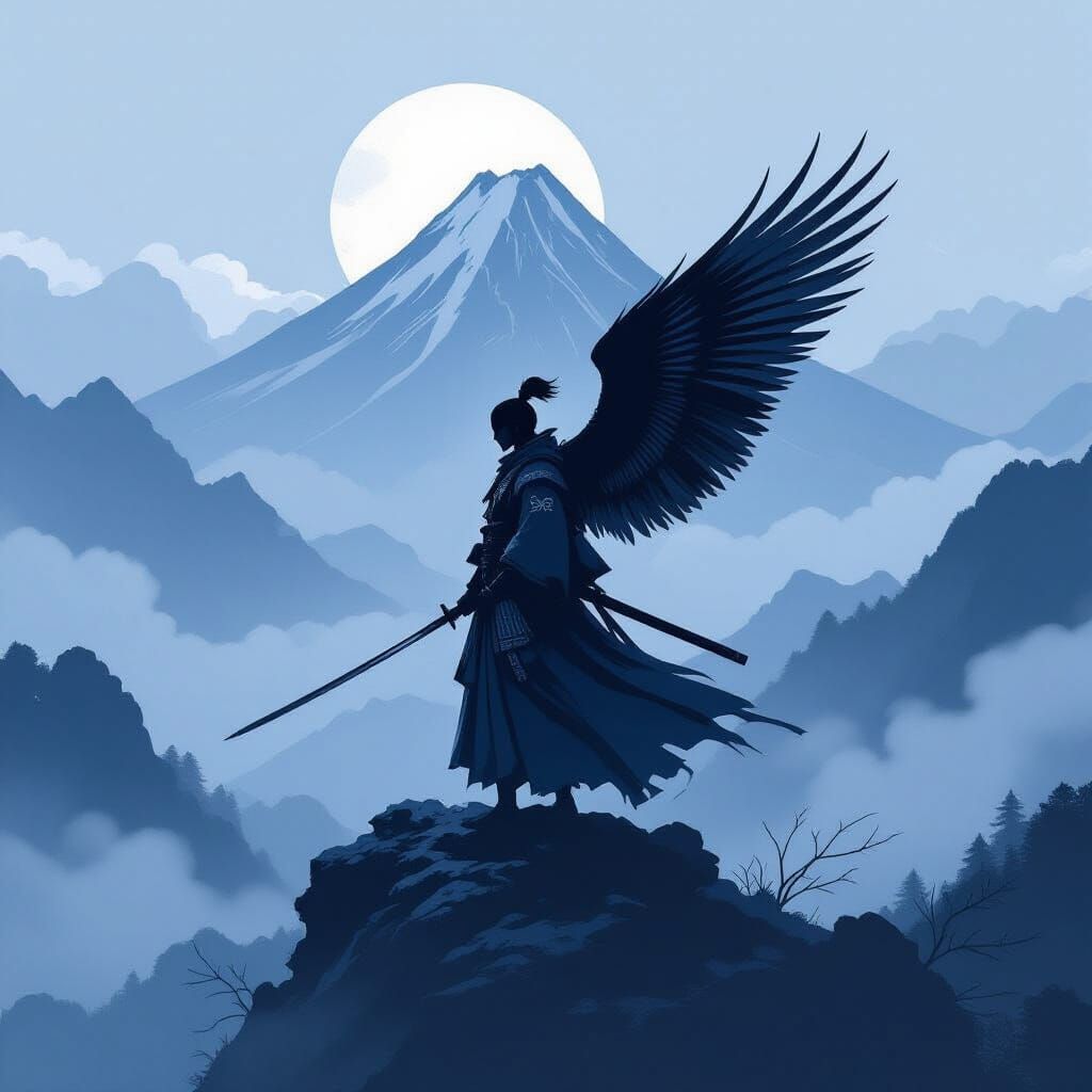 Samurai with Feathered Wings on Misty Mountain Peak