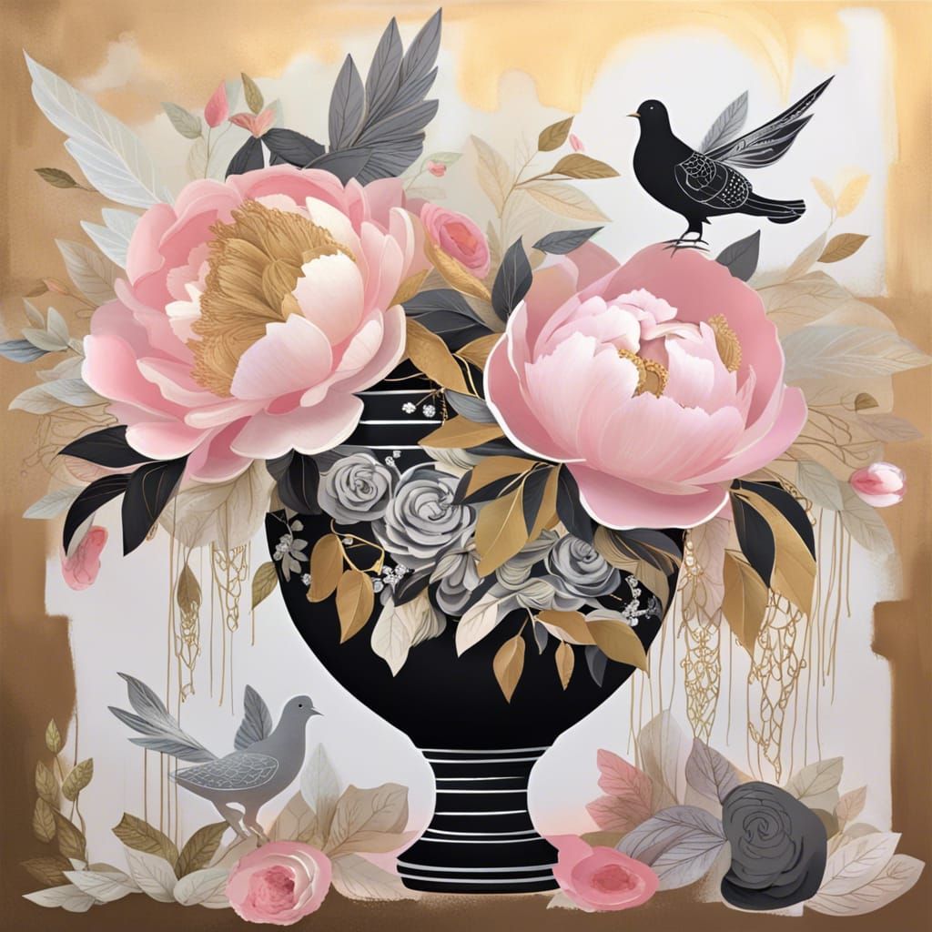 Peonies in black and white pots, golden vines strung around ...