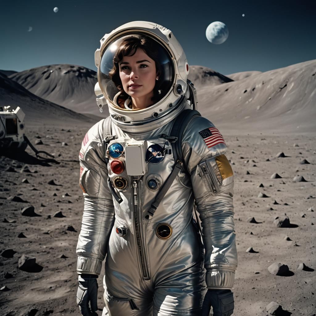 055 A beautiful female astronaut wearing a silver spacesuit ...