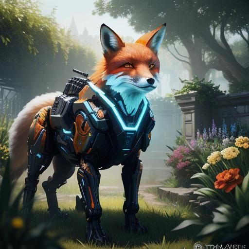 A cyborg fox in a garden. Massive scale and unreal engine. Ultra detailed and realistic.