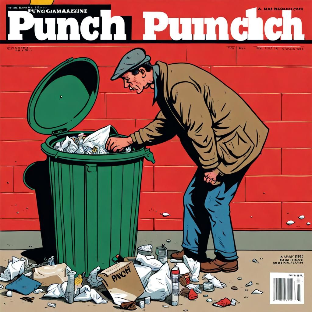 A man rummaging through a garbage can PUNCH magazine cover illustration