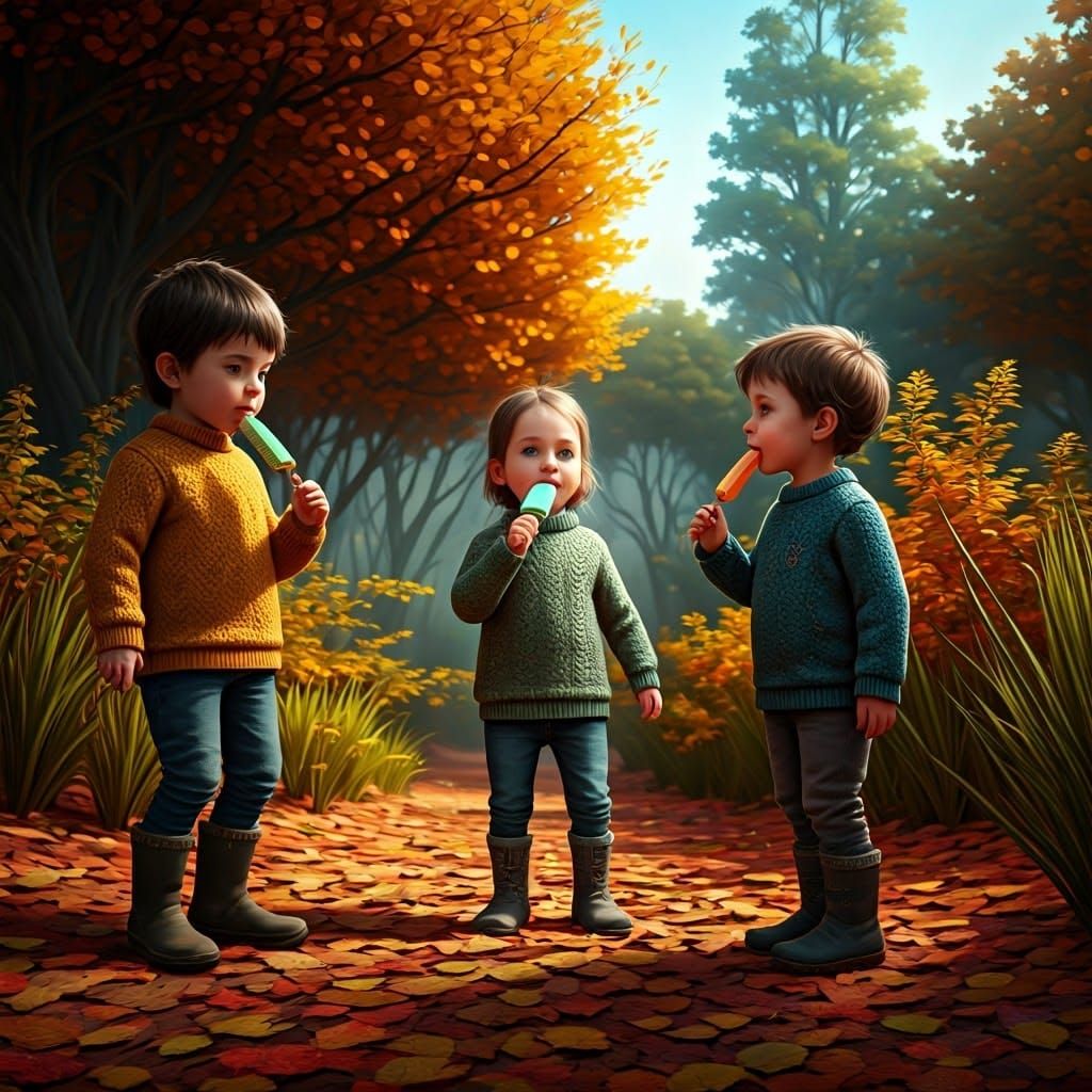 Children Lick Popsicles, Surrounded by Vibrant Leaves and Lu...
