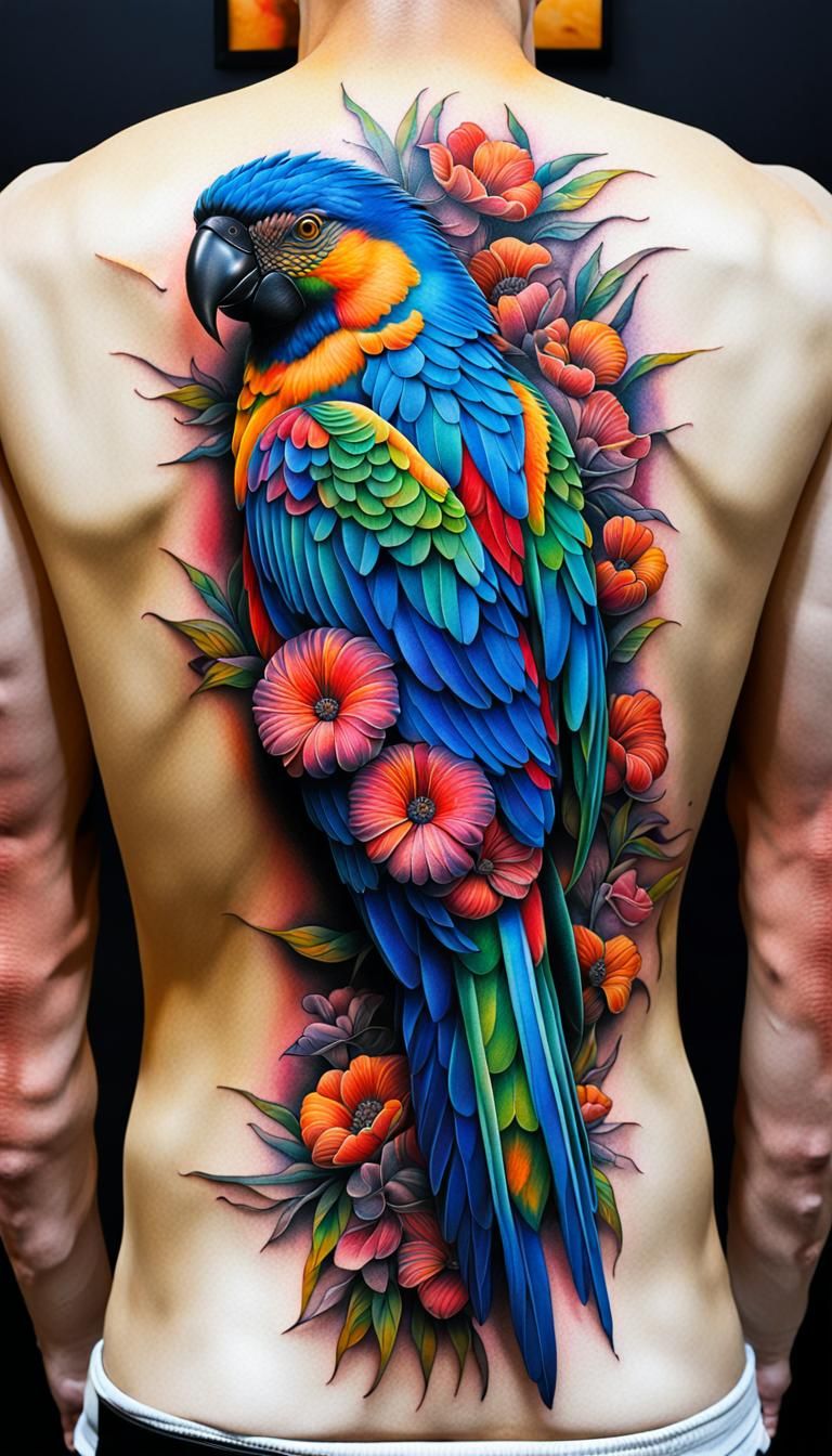 3D surreal full back piece tattoo of Gorgeous Vibrant  Mccaw...